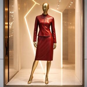 NWT Spenser Jeremy Red Genuine Lambskin Leather Skirt Suit Set - Size 4